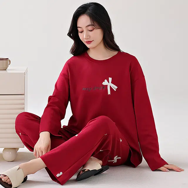 芬腾可安 家居服纯棉韩版经典轻熟风简约带固定胸垫一体式亲肤柔软遮肉外出可穿长袖长裤秋冬季睡衣套装 女款