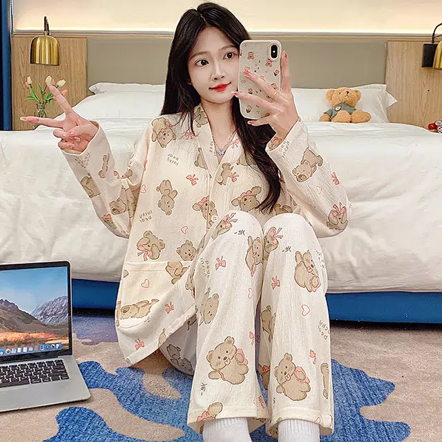 芬腾可安 春秋亲肤可外穿一体式带胸垫和服领开衫家居服睡衣套装 女款