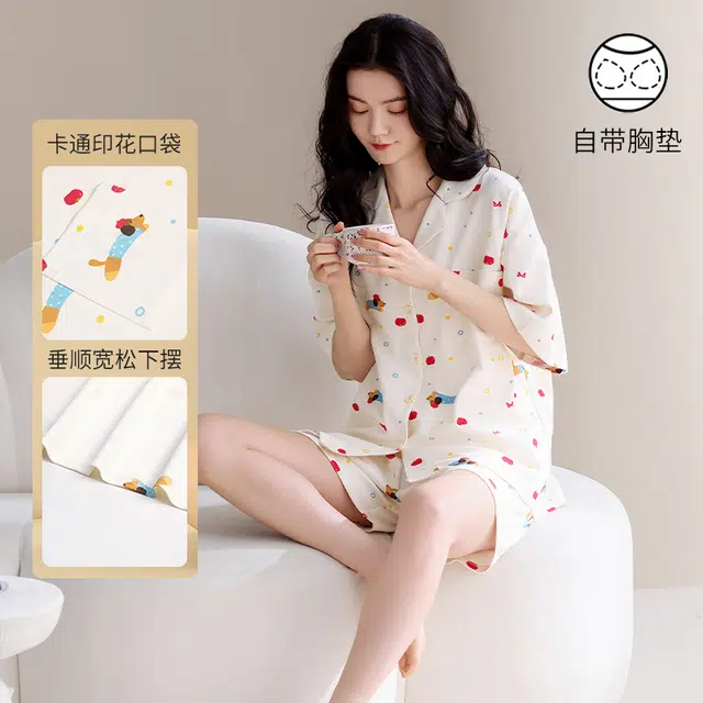 芬腾可安 韩版纯棉大学生宿舍带胸垫一体式外出都可穿的细腻显瘦简约遮肉家居服短袖三分裤睡衣套装 女款