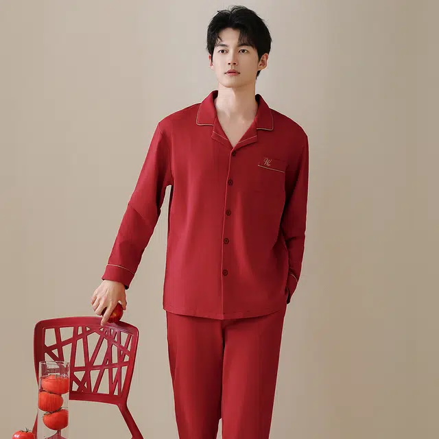 芬腾可安 新婚情侣款秋冬双面纯棉喜庆轻熟风的家居服睡衣套装 男款
