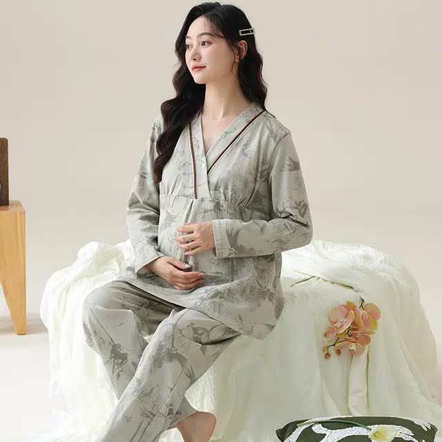 芬腾可安 春秋外出可穿柔软舒适自带杯垫哺乳期可穿月子家居服睡衣套装 女款