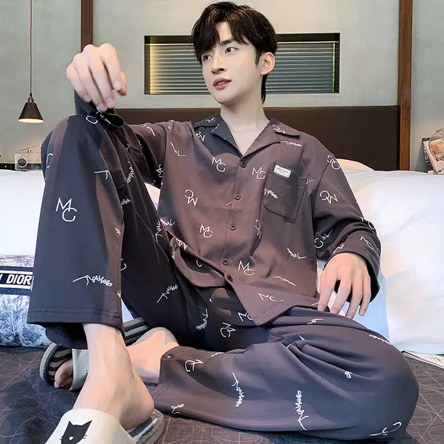 芬腾可安 春秋季简约休闲亲肤开衫翻领个性轻熟风家居服睡衣套装 男款