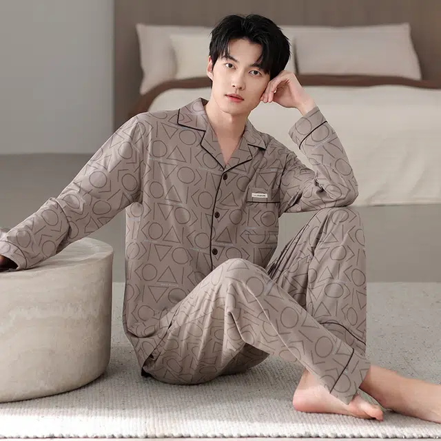 芬腾可安 秋冬外出可穿的加厚保暖舒适透气不闷亲肤简约家居服睡衣套装 男款