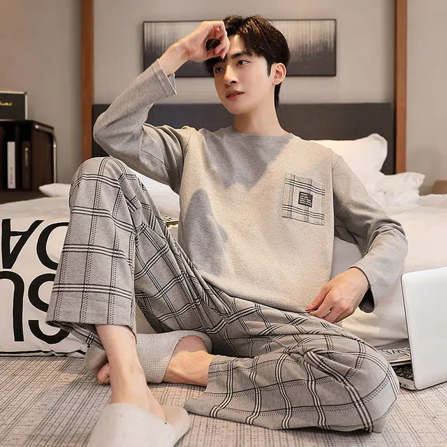 芬腾可安 春秋季大码气质舒适亲肤柔软少年感透气简约家居服睡衣套装 男款