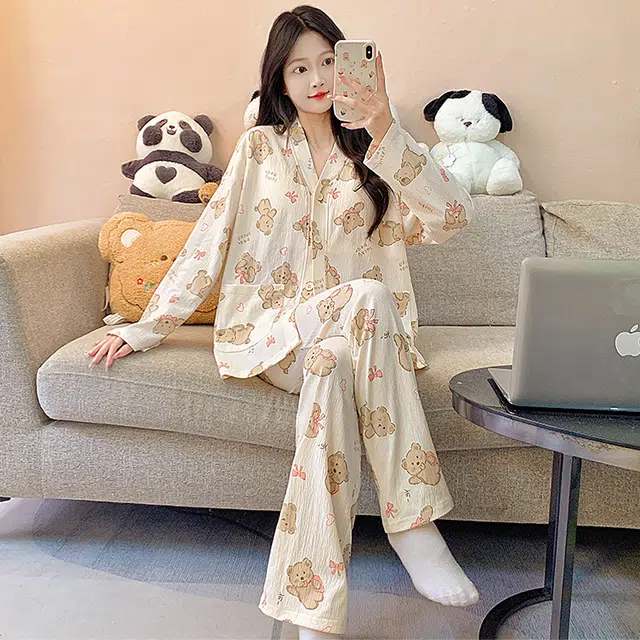 芬腾可安 春秋亲肤可外穿一体式带胸垫和服领开衫家居服睡衣套装 女款