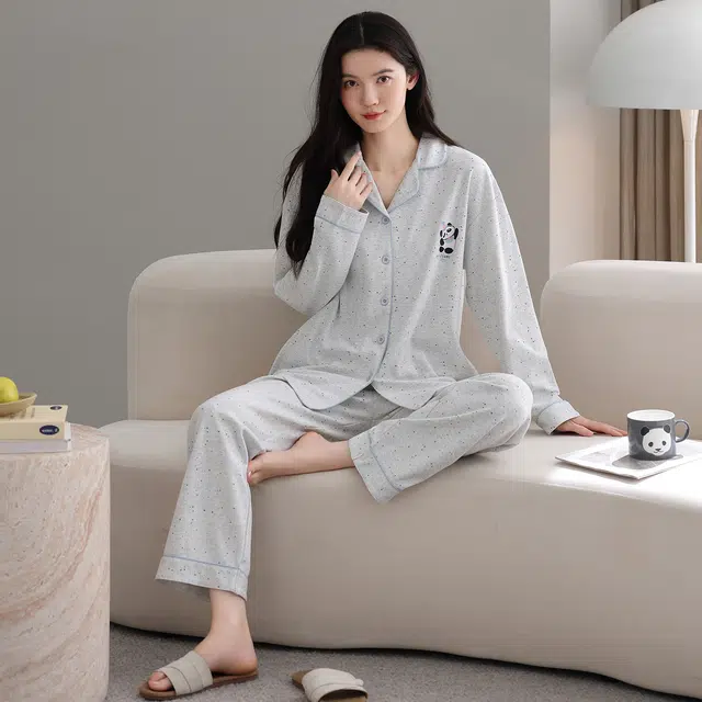 芬腾可安 纯棉简约显瘦亲肤翻领舒适开衫少女时尚休闲春秋宽松家居服睡衣套装 女款