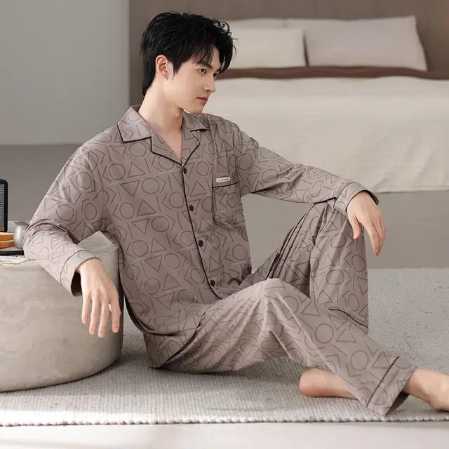 芬腾可安 秋冬外出可穿的加厚保暖舒适透气不闷亲肤简约家居服睡衣套装 男款