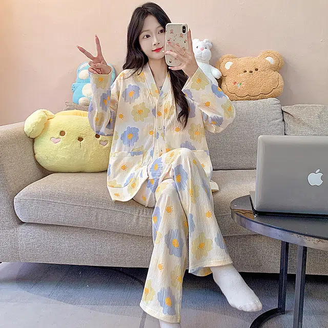 芬腾可安 春秋亲肤可外穿和服领开衫带胸垫一体式家居服睡衣套装 女款