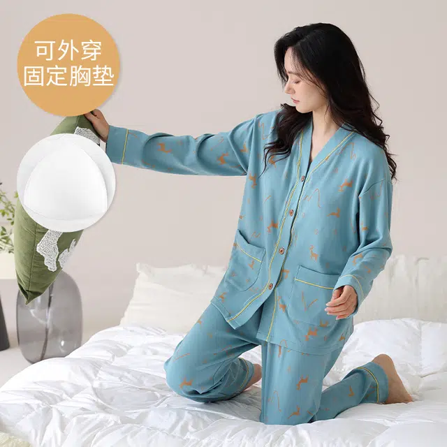 芬腾可安 外出可穿大码春秋季简约宽松温柔设计感显瘦带胸垫少女感家居服睡衣套装 女款