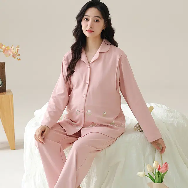 芬腾可安 纯棉外出可穿带胸垫孕期哺乳期都可穿的月子家居服优雅宽松显瘦可调节腰带长袖长裤春秋季睡衣套装 女款
