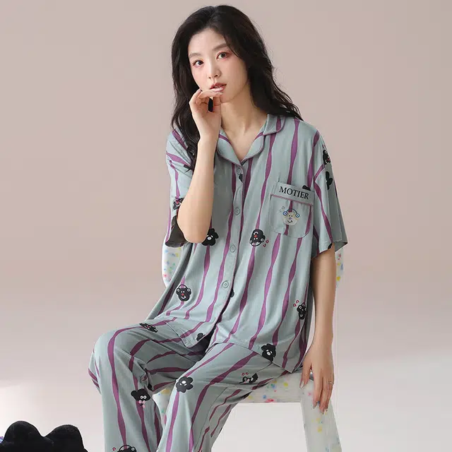 芬腾可安 气质家居服甜美带胸垫一体式短袖长裤大学生外出宿舍都可穿细腻舒适柔软亲肤睡衣套装 女款