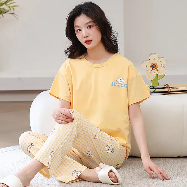 芬腾可安 春夏秋季纯棉韩版修身气质遮肉少女大学生温柔一体式带胸垫免穿文胸轻盈亲肤可外穿的两件短袖长裤家居服睡衣套装 女款