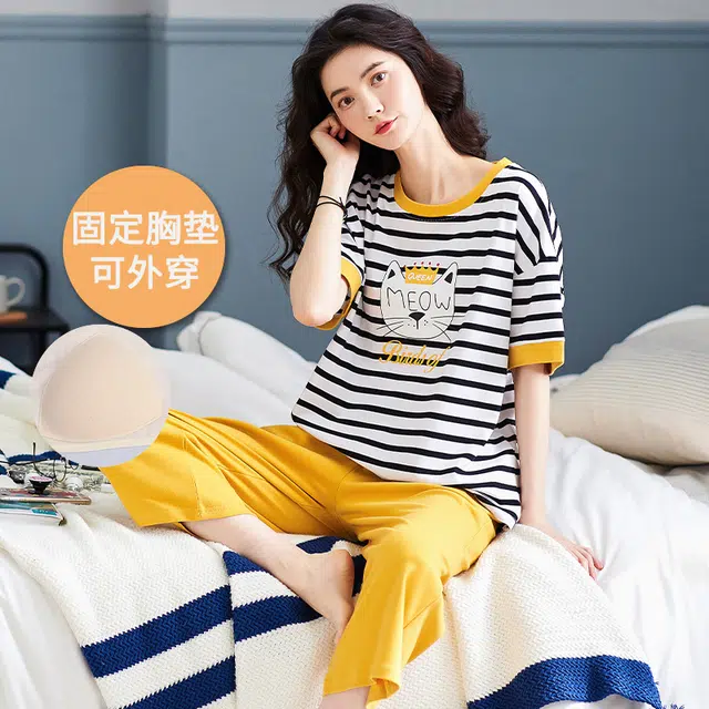 芬腾可安 外出可穿的家居服休闲宽松舒适透气微弹显瘦时尚带胸垫一体式韩版短袖七分裤睡衣套装 女款