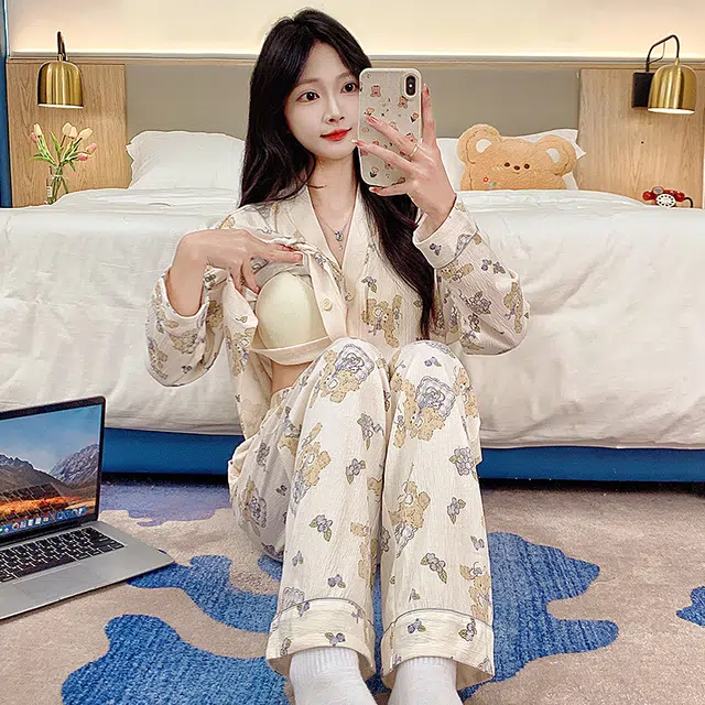 芬腾可安 春秋亲肤可外穿带胸垫和服领开衫一体式家居服睡衣套装 女款