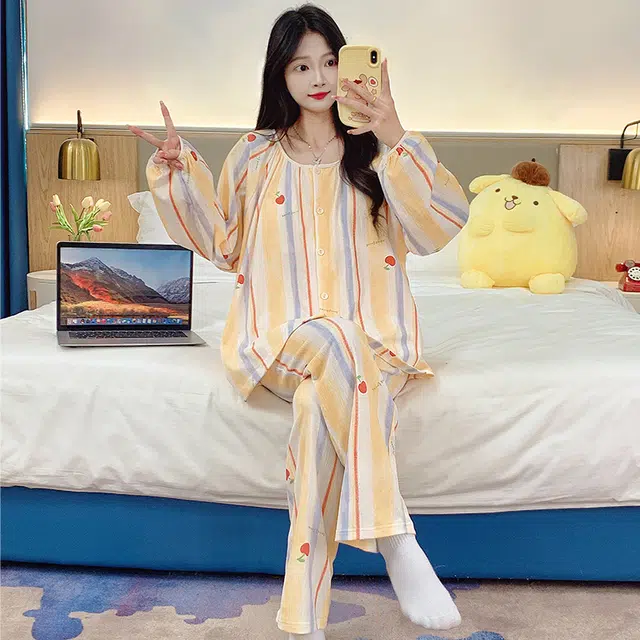 芬腾可安 可外穿的杯垫一体休闲舒适简约少女亲肤家居服春秋睡衣套装 女款