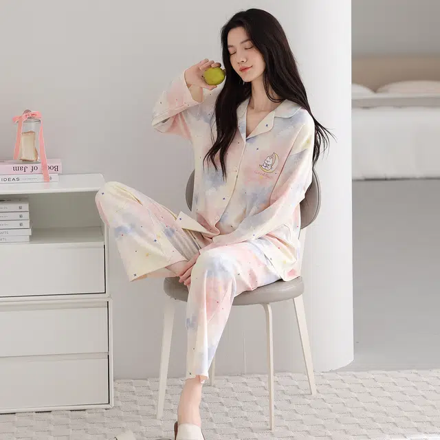 芬腾可安 纯棉简约显瘦宽松开衫春秋少女舒适时尚亲肤翻领休闲家居服睡衣套装 女款