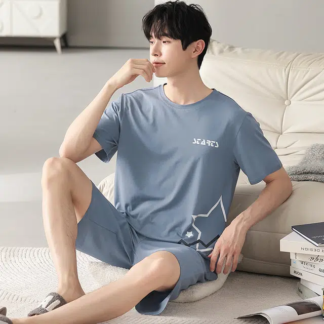 芬腾可安 可外穿的家居服大学生轻盈休闲细腻遮肉个性舒适显瘦圆领宽松青春短袖五分裤春夏季睡衣套装 男款