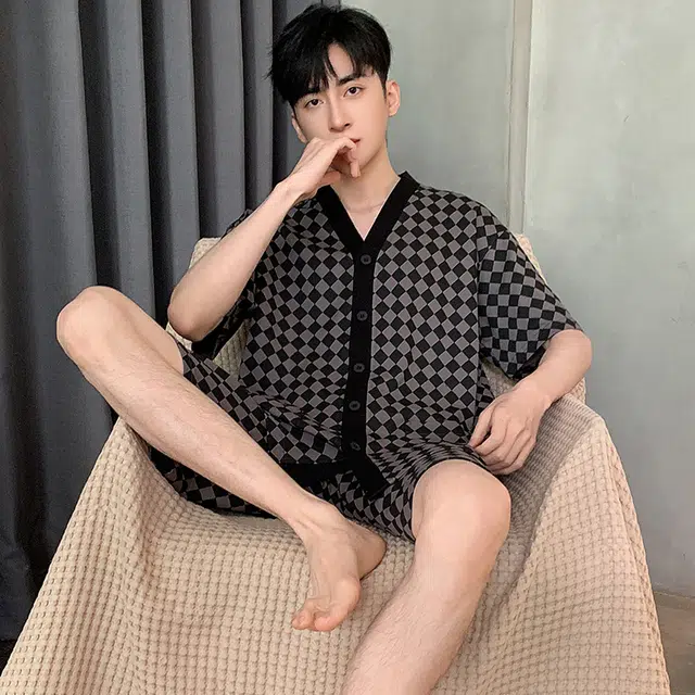 芬腾可安 韩版时尚简约高级感舒适亲肤气质经典柔软家居服短袖五分裤春夏季睡衣套装 男款