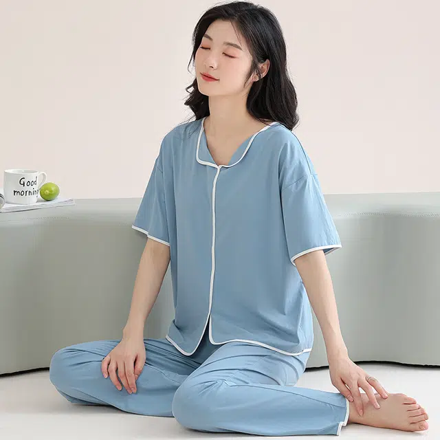 芬腾可安 细腻舒适柔软气质家居服带胸垫一体式短袖长裤甜美大学生亲肤宿舍外出都可穿睡衣套装 女款