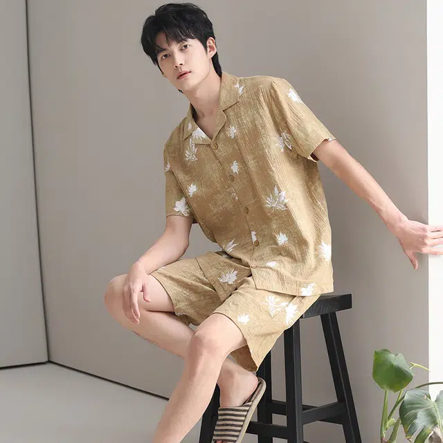 芬腾可安 情侣款亲肤韩版大学生轻盈休闲百搭显瘦舒适翻领轻便时尚带胸垫外出宿舍都可穿的家居服睡衣套装 男女同款