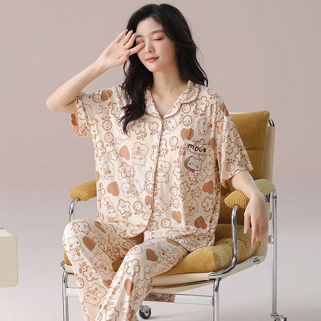 芬腾可安 气质家居服带胸垫一体式短袖长裤甜美柔软亲肤大学生宿舍外出都可穿细腻舒适睡衣套装 女款