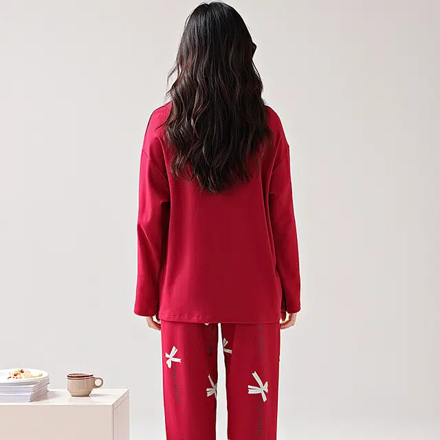 芬腾可安 家居服纯棉韩版经典轻熟风简约带固定胸垫一体式亲肤柔软遮肉外出可穿长袖长裤秋冬季睡衣套装 女款