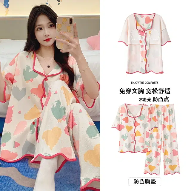 芬腾可安 春夏秋季带胸垫家居服透气亲肤舒适休闲睡衣套装 女款
