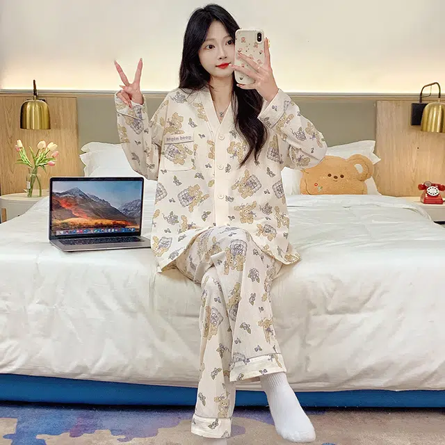 芬腾可安 春秋亲肤可外穿带胸垫和服领开衫一体式家居服睡衣套装 女款