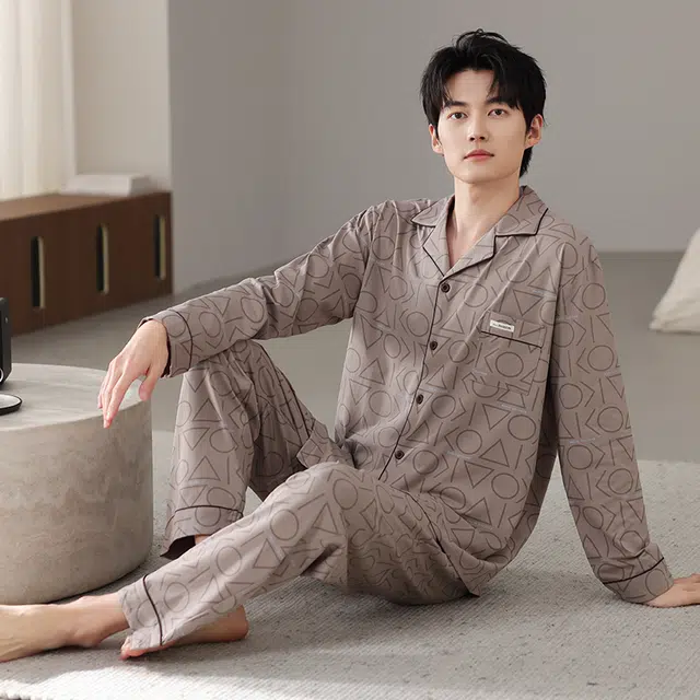 芬腾可安 秋冬外出可穿的加厚保暖舒适透气不闷亲肤简约家居服睡衣套装 男款