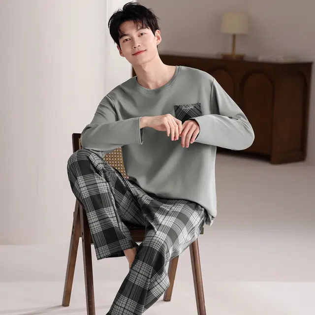 芬腾可安 外出可穿纯棉气质春秋季亲肤轻盈舒适简约少年感家居服睡衣套装 男款
