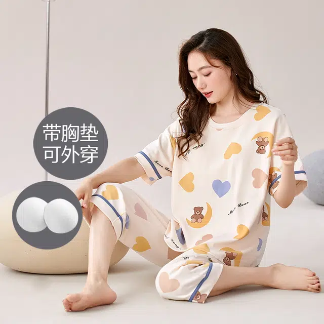 芬腾可安 可外穿的休闲带杯垫春夏秋季家居服睡衣套装 女款
