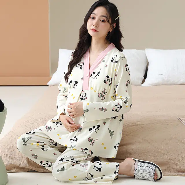 芬腾可安 外出可穿柔软舒适春秋自带杯垫哺乳期可穿月子家居服睡衣套装 女款