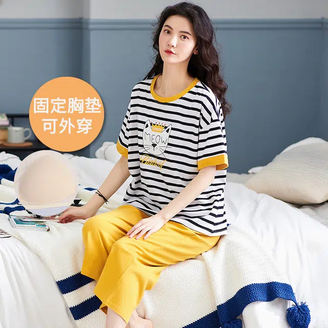 芬腾可安 外出可穿的家居服休闲宽松舒适透气微弹显瘦时尚带胸垫一体式韩版短袖七分裤睡衣套装 女款