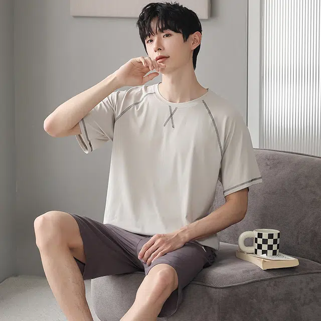 芬腾可安 可外穿的家居服显瘦青春大学生轻盈休闲细腻遮肉个性舒适圆领宽松短袖五分裤春夏季睡衣套装 男款