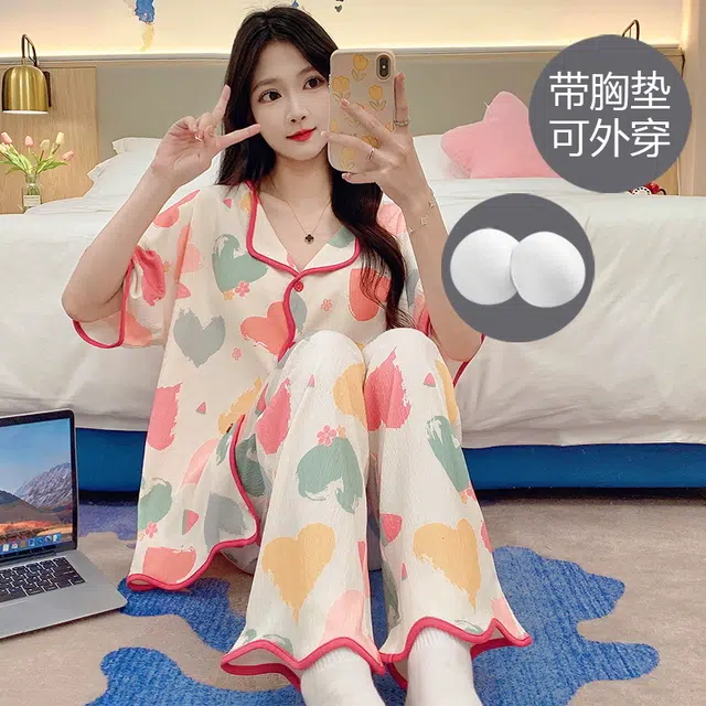 芬腾可安 春夏秋季带胸垫家居服透气亲肤舒适休闲睡衣套装 女款