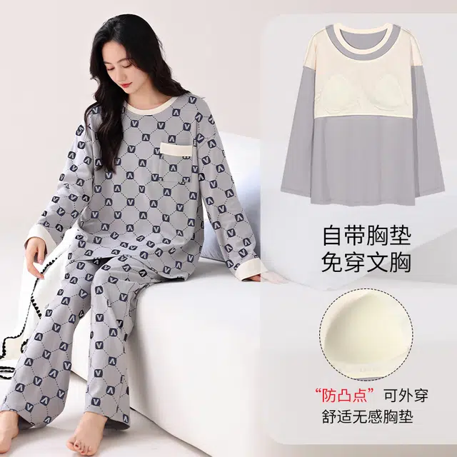 芬腾可安 简约家居服纯棉经典带胸垫一体式轻熟风柔软亲肤遮肉韩版轻盈外出可穿长袖长裤秋冬季睡衣套装 女款