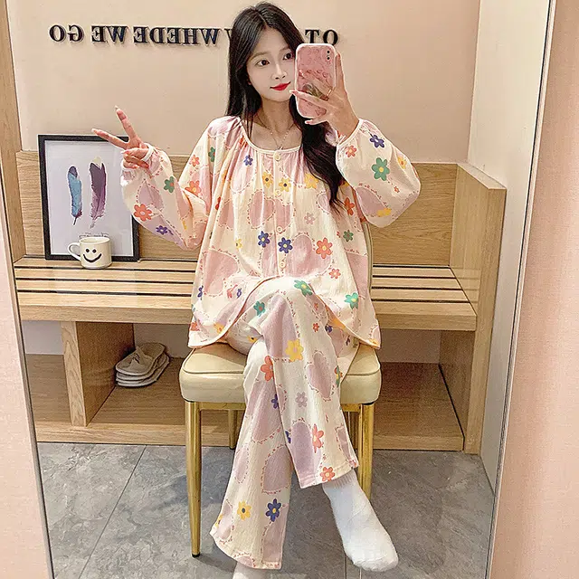芬腾可安 可外穿的简约风格春秋固定杯垫开衫一体家居服睡衣套装 女款