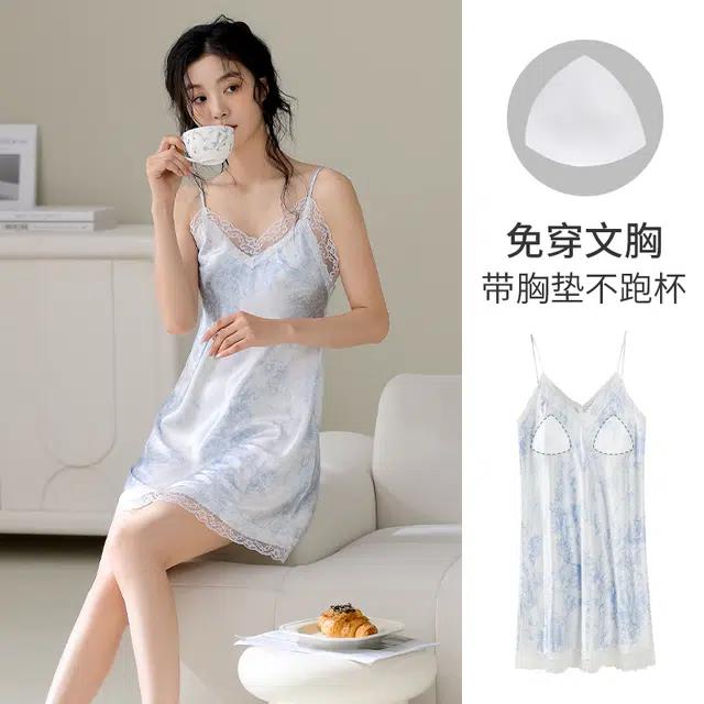 芬腾可安 宽松休闲甜美气质细腻时尚柔软透气亲肤带胸垫宿舍外出都可穿家居吊带春夏季睡裙 女款