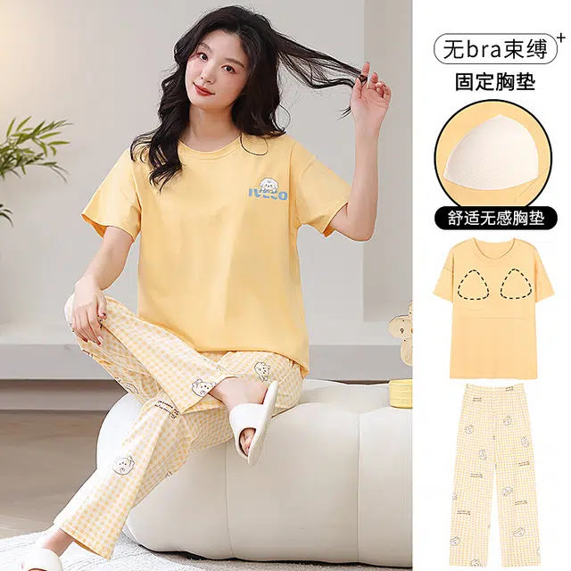 芬腾可安 春夏秋季纯棉韩版修身气质遮肉少女大学生温柔一体式带胸垫免穿文胸轻盈亲肤可外穿的两件短袖长裤家居服睡衣套装 女款