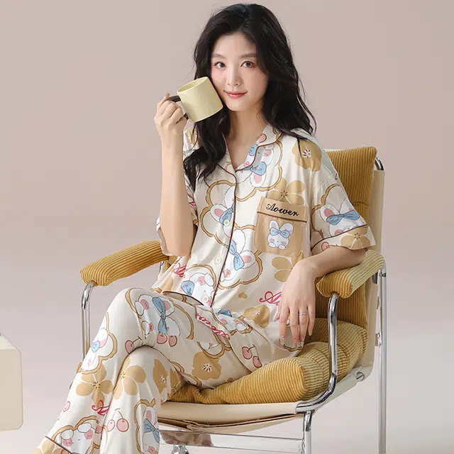芬腾可安 气质家居服带胸垫一体式短袖长裤时尚甜美柔软亲肤大学生宿舍外出都可穿细腻舒适睡衣套装 女款