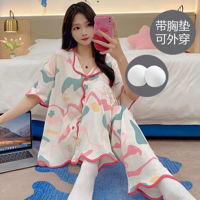 芬腾可安 春夏秋季带胸垫家居服透气亲肤休闲舒适睡衣套装 女款