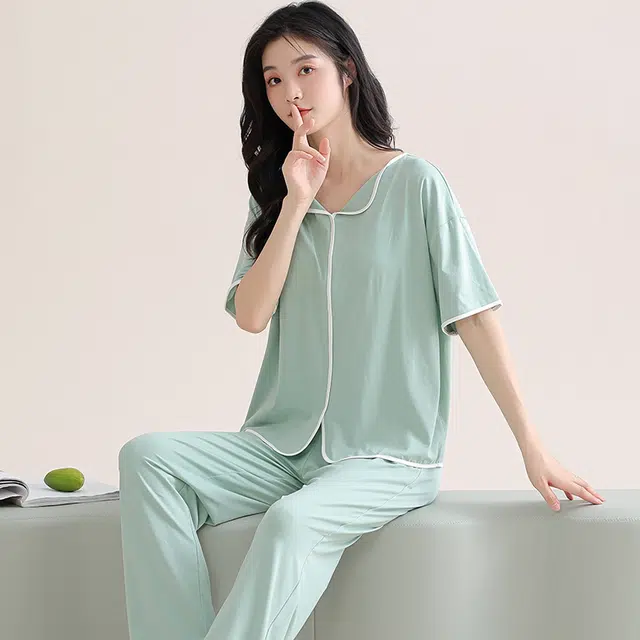 芬腾可安 家居服气质带胸垫休闲一体式短袖长裤甜美细腻舒适亲肤柔软大学生宿舍外出都可穿睡衣套装 女款