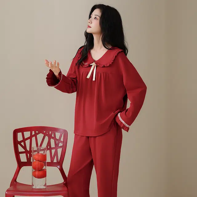 芬腾可安 情侣款秋冬季简约双面纯棉喜庆舒适显瘦亲肤家居服睡衣套装 女款