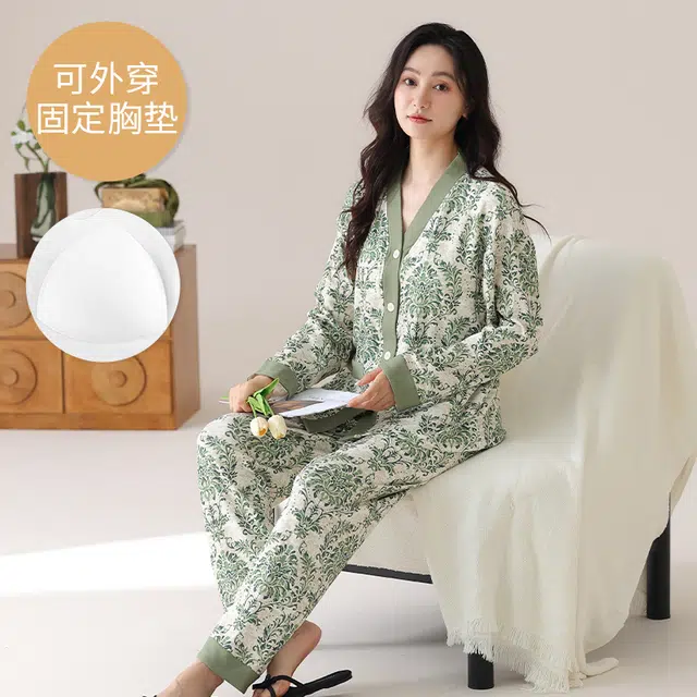 芬腾可安 春秋季简约宽松温柔设计感显瘦带胸垫少女感大码家居服睡衣套装 女款