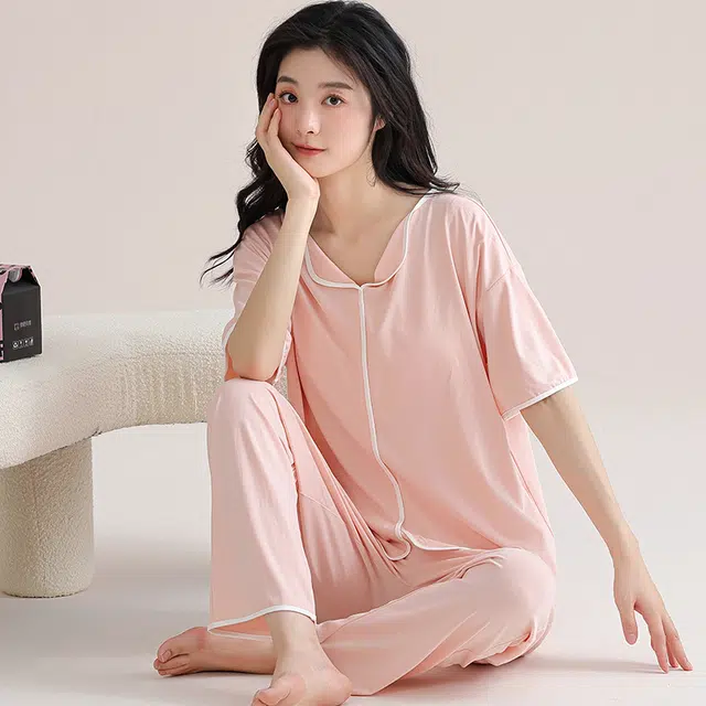 芬腾可安 细腻气质家居服带胸垫一体式短袖长裤甜美舒适柔软亲肤大学生宿舍外出都可穿睡衣套装 女款
