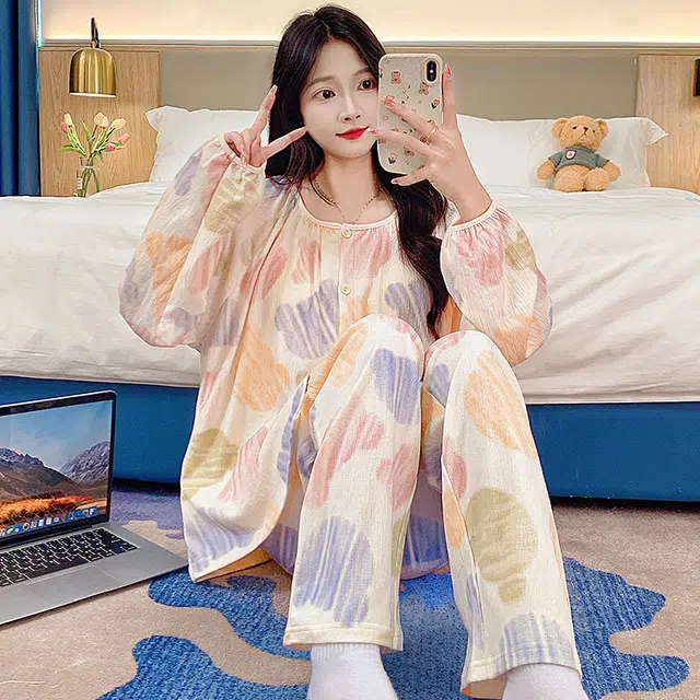 芬腾可安 可外穿的春秋杯垫一体简约家居服睡衣套装 女款