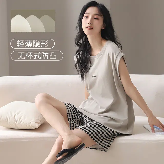 芬腾可安 情侣款亲肤韩版大学生轻盈休闲百搭显瘦舒适轻便时尚带胸垫外出宿舍都可穿的家居服睡衣套装 男女同款