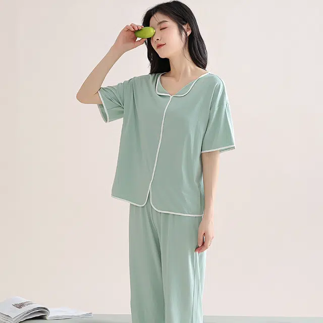 芬腾可安 家居服气质带胸垫休闲一体式短袖长裤甜美细腻舒适亲肤柔软大学生宿舍外出都可穿睡衣套装 女款
