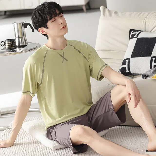 芬腾可安 可外穿的家居服显瘦青春大学生轻盈休闲细腻遮肉舒适圆领宽松短袖五分裤春夏季睡衣套装 男款
