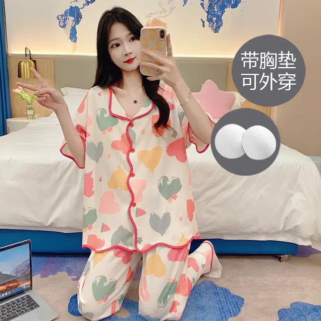 芬腾可安 春夏秋季带胸垫家居服透气亲肤舒适休闲睡衣套装 女款